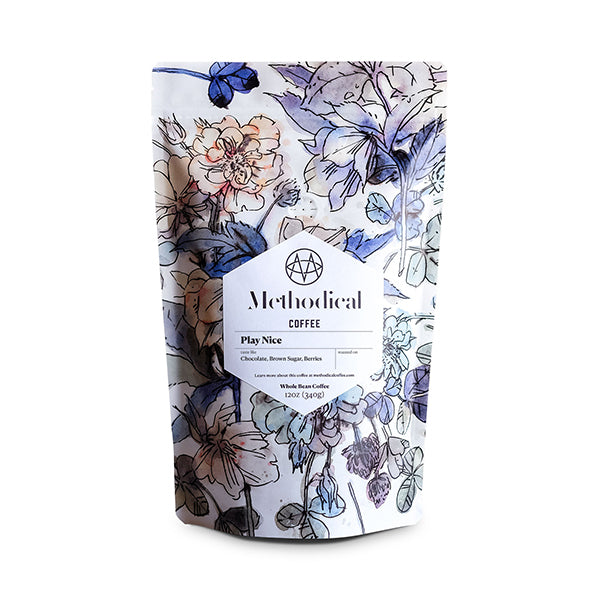 Thoughtful picture of the packaging for Methodical Coffee Play Nice coffee roast.